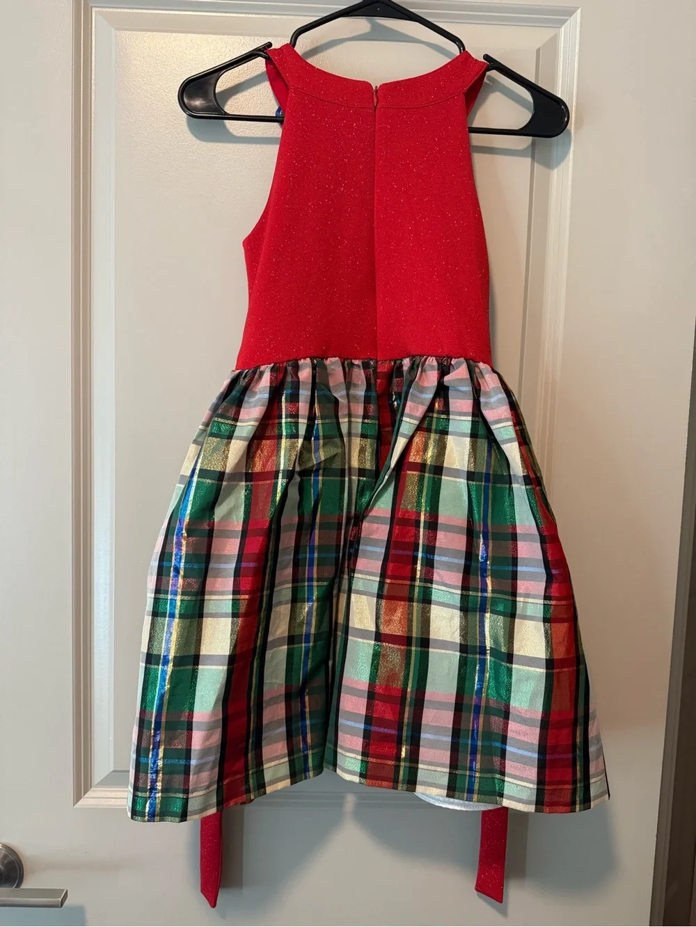 Bonnie Jean Red Sparkle Bodice Plaid Holiday Dress with Bow
